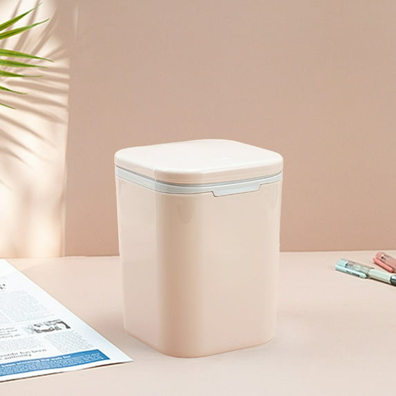 AuroraX Affordable Luxury Desk Trash Can with Push-Button Lid Small Beige 2.3L Wastebaskets Rectangle Minimalist Plastic Garbage Bin for Dormitory Bedroom Office