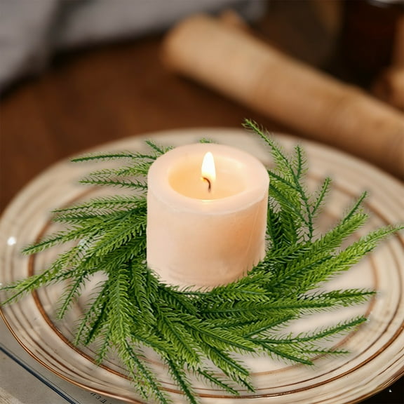 AuroraX Artificial Candle Ring Wreath Green Christmas Faux Floral Pillar Candle Holder Accent Elegant Romantic Vintage Rustic Decorative Valentines Day Table Centerpieces Dining Wedding Decor