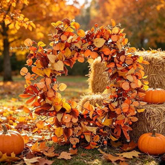 AuroraX Artificial Fall Leaves Wreath Faux Autumn Door Wreath Real Touch Waterproof UV Resistant Outdoor Artificial Wreath for Front Door Yellow