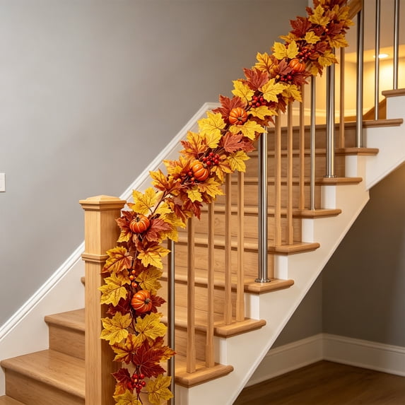 AuroraX Artificial Maple Leaf Fall Garland Thanksgiving Hanging Door Decor Mini Faux Harvest Pumpkin Fall Home Ornament Yellow