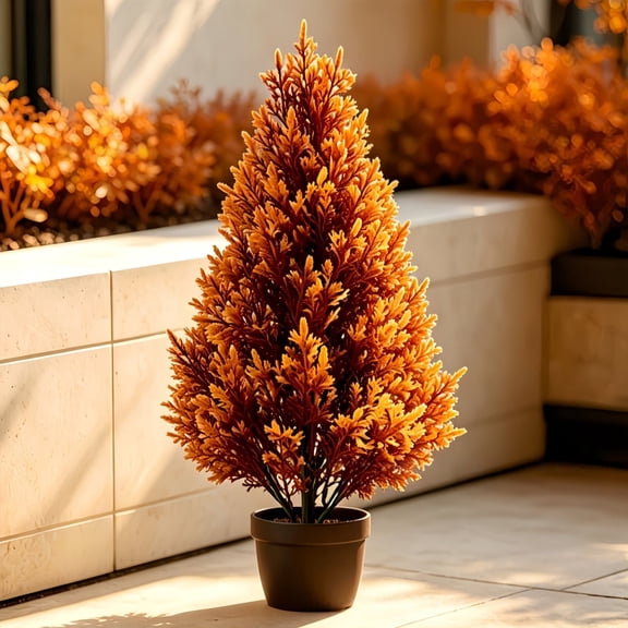 AuroraX Artificial Mini Spruce Tree Faux Christmas Tree with Ground Stake Outdoor Potted 2 Pcs Winter Porch Christmas Holiday Decoration Orange