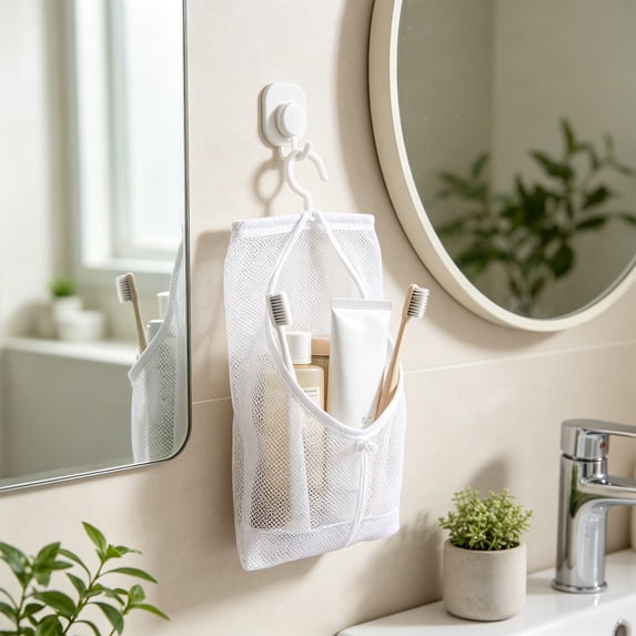 AuroraX Bathroom Hanging Storage Bag Rotating Shower Caddy Organizer Heavy Duty Large Capacity with Hooks Space Saving Waterproof Balcony Drying Bag White