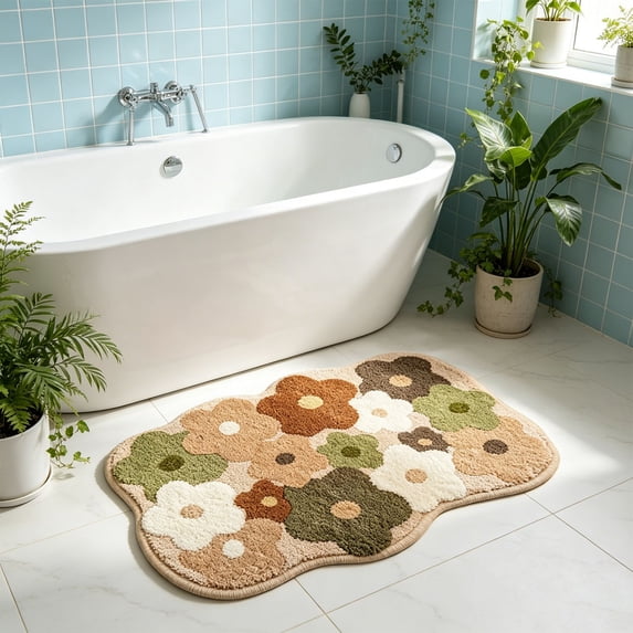 AuroraX Bathroom Rug Non Slip Backing Flowers Yellow Bath Rugs for Bathroom Floor Bath Mat for Tub