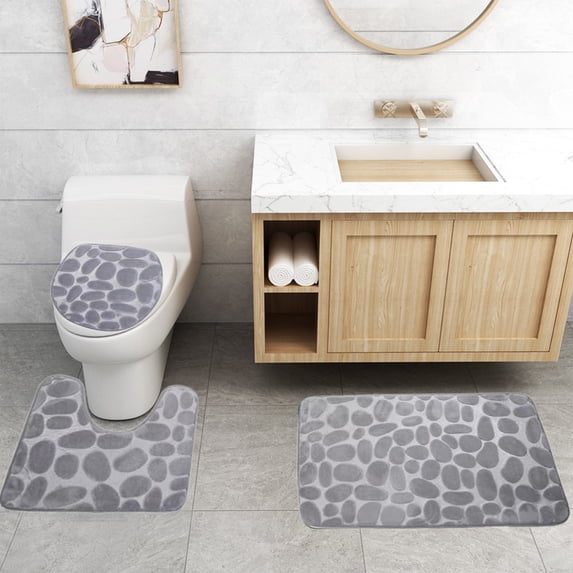 AuroraX Bathroom Rugs Sets 3 Piece,Non Slip Absorbent Washable Gray Bathroom Rug Toilet Rug U Shaped Home Bathroom Decor Mid-Century