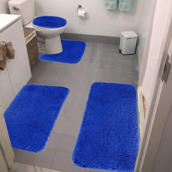 AuroraX Bathroom Rugs Sets 4 Piece,Absorbent Soft Non Slip Washable Blue Bathroom Rug with Toilet Rug U Shaped Bathroom Home Decor Minimalist