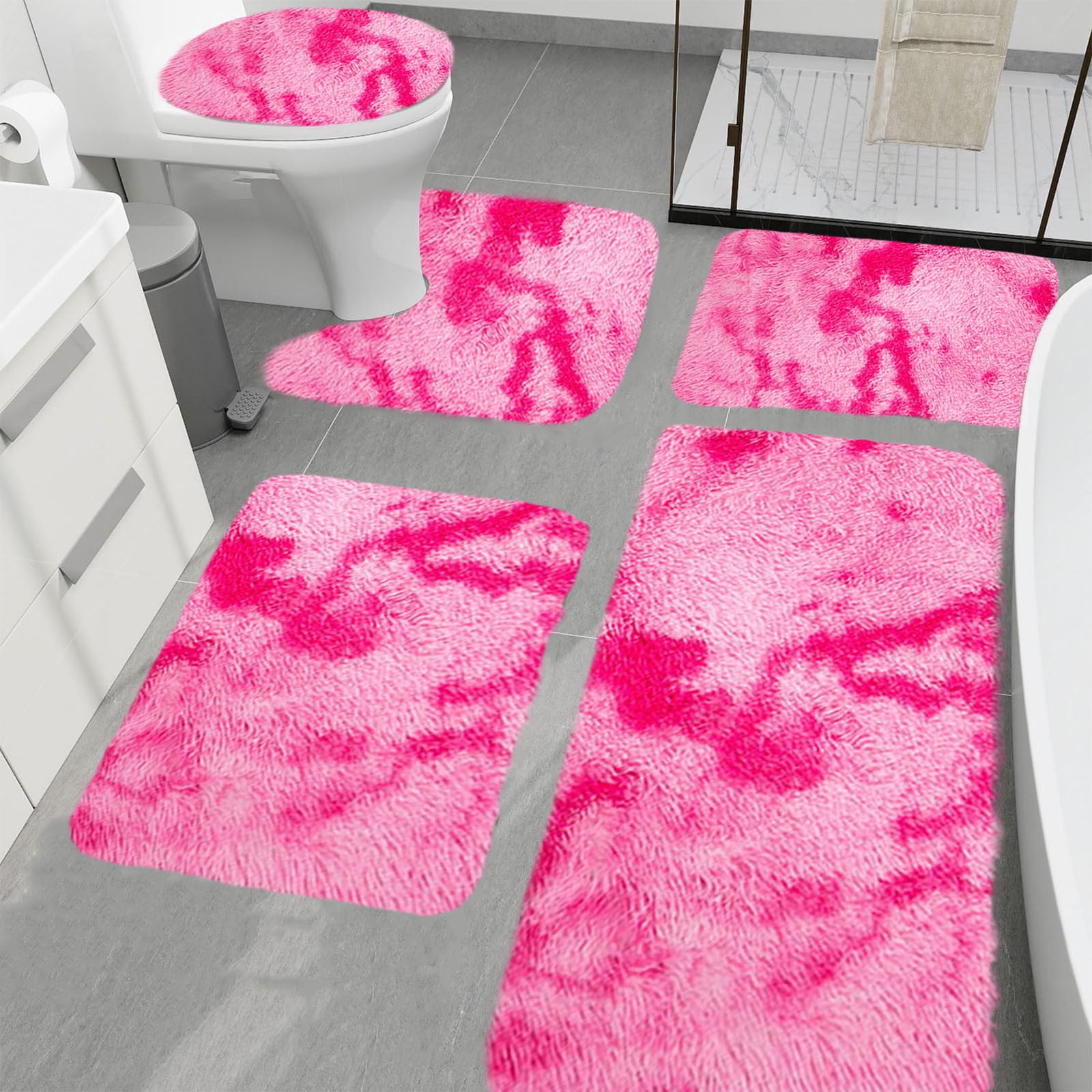 AuroraX Bathroom Rugs Sets 5 Piece,Non Slip Soft Washable Pink Bathroom ...