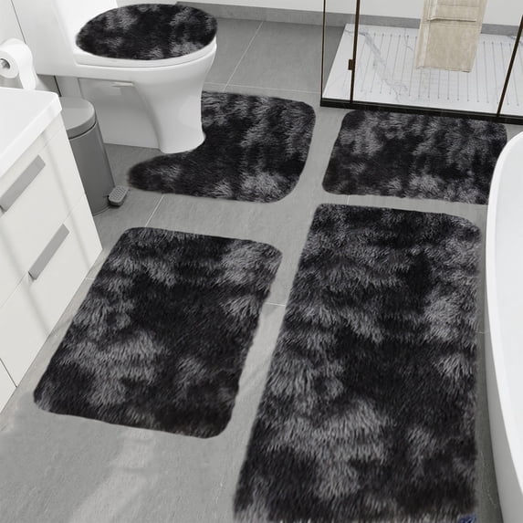 AuroraX Bathroom Rugs Sets 5 Piece,Washable Non Slip Soft Black Bathroom Runner Rug with Toilet Rug U Shaped Bathroom Home Decor Asian Inspired