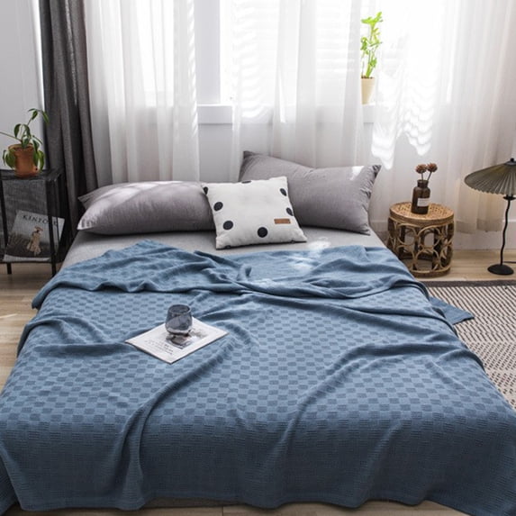 AuroraX Bed Blanket Twin/Twin-Xl Size Soft Checkerboard Brushed Cotton Throw Blankets Cozy Breathable Warm Lightweight Tufted Blankets for Bedroom Dorm Sofa All-Season,Blue