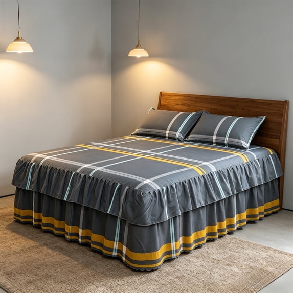 AuroraX Bed Sheet Set Queen with Bed Skirt Wrap Around Gray Flat Sheets Queen Size
