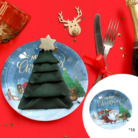 AuroraX Blue Christmas Plastic Plates 9 Inch Disposable Heavy Duty Compostable Plates Set 30 Pcs Bagasse Cut Resistant Cute Santa Claus Party