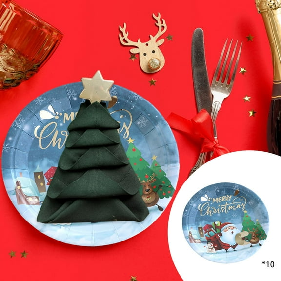 AuroraX Blue Christmas Plastic Plates 9 Inch Disposable Heavy Duty Compostable Plates Set 30 Pcs Bagasse Cut Resistant Cute Santa Claus Party