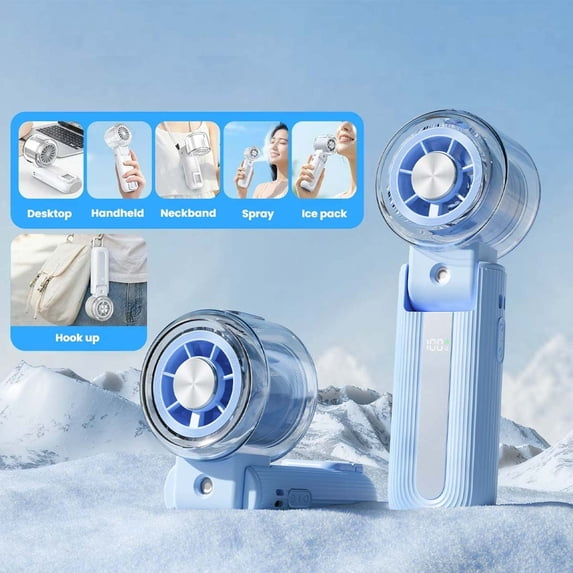 AuroraX Blue Portable Fan for Travel with Mister Handheld Fan Rechargeable with Water Mist Turbo Foldable Adjustable Speeds Ice Cooling Fans for Wedding Guests