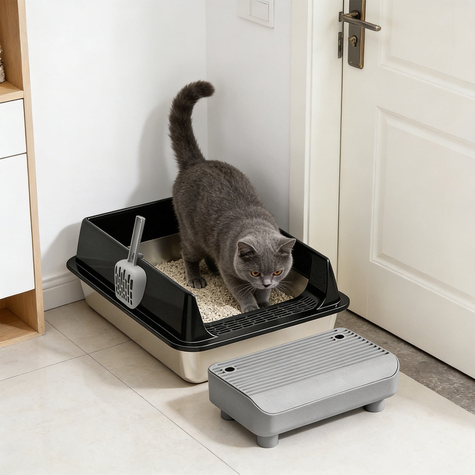 AuroraX Cat Litter Box Cat Litter Pan Set Odor Control Stainless Steel Easy Clean High Sided Pet Supplies