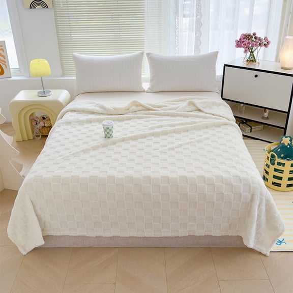 AuroraX Checkerboard Bed Blanket Twin/Twin-Xl Size Cute Soft Solid Fuzzy Fleece Throw Blankets Breathable Warm Lightweight Cozy Tufted Blankets for Bedroom Dorm Couch All-Season,White