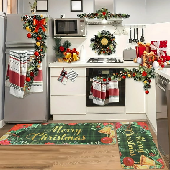 AuroraX Christmas Bath Rug Mat Set Of 2 Cute Green Soft Non-Slip Backing Bathroom Rug 15x47 Inch Art Deco Tufted Christmas Tree