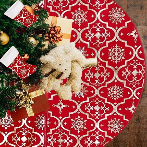 AuroraX Christmas Tree Skirt with Christmas Stockings Red and White Rustic Farmhouse Plush Snowflake Xmas Tree Mat Soft 35" Ornaments for Holiday Part Home Decorations