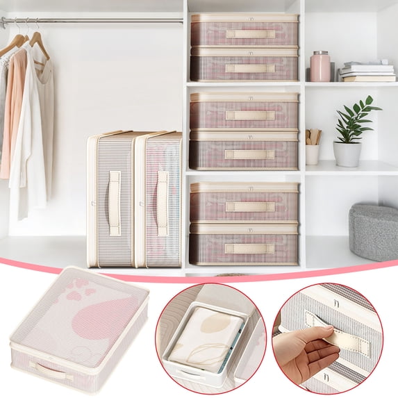 AuroraX Clothes Storage Containers Organizer Drawer,Stackable Under Bed Blanket Closet Organizer Plastic with Lid Clear for Face Towel Hand Towel Bath Towel Beige