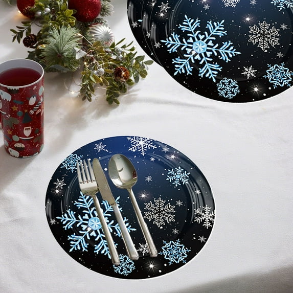 AuroraX Compostable Christmas Paper Plates 9 Inch Disposable Basics Dinnerware Set Microwave-Safe 10 Pcs Cut Resistant Black Snowflake Party