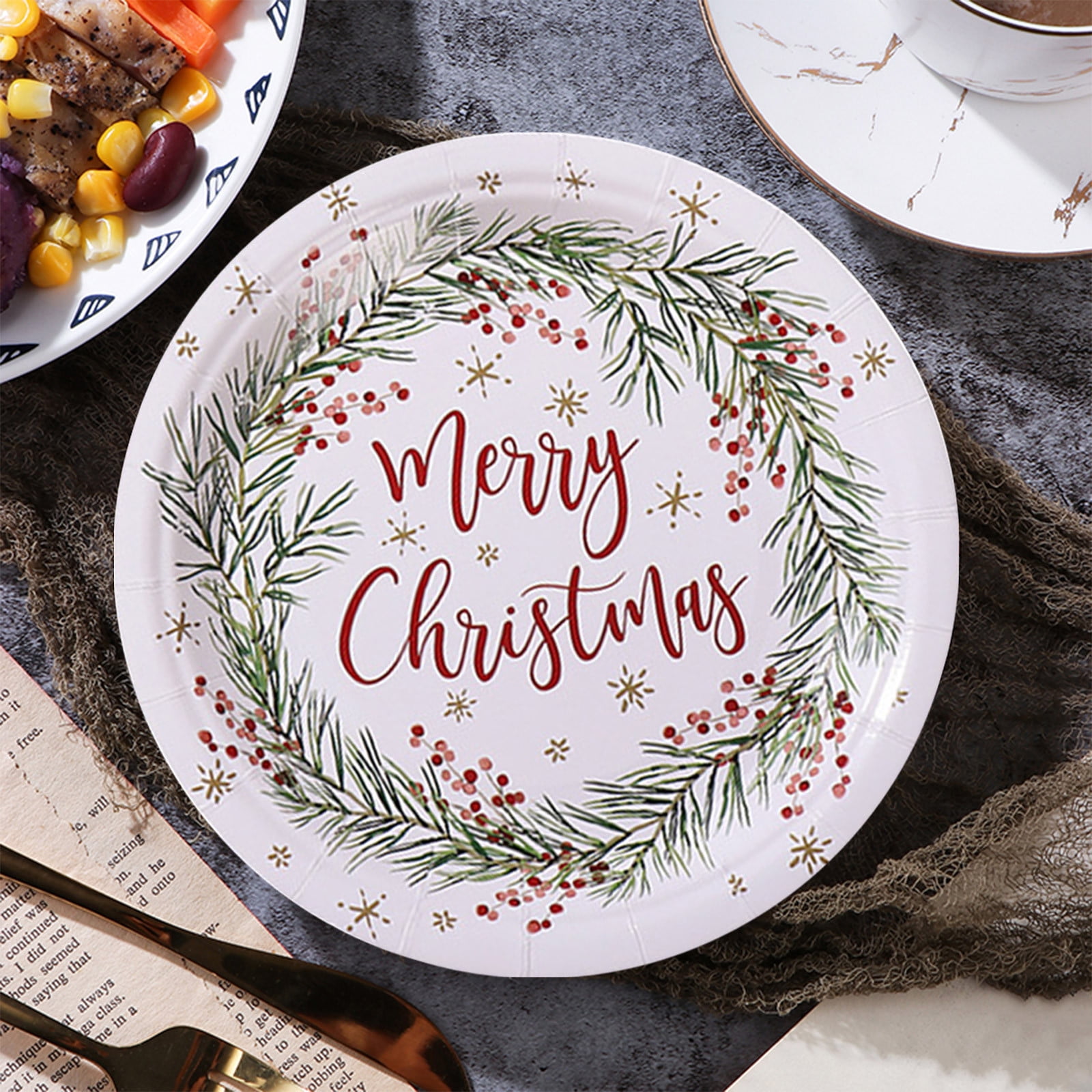 AuroraX Compostable Christmas Paper Plates White 9/7 Inch Disposable  Dessert Plates Microwave-Safe Oil-Proof Biodegradable 10 Pcs Painted  Garland ...