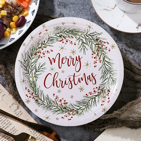 AuroraX Compostable Christmas Paper Plates White 9/7 Inch Disposable Dessert Plates Microwave-Safe Oil-Proof Biodegradable 10 Pcs Painted Garland Patterns Party,Everyday