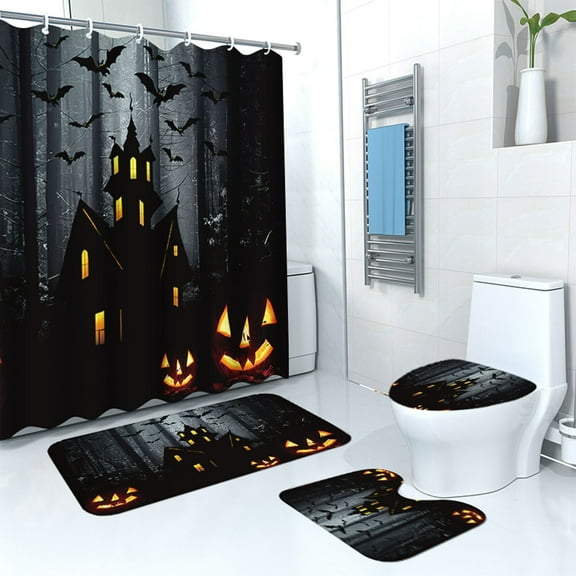 AuroraX Cotton Bath Rug Set Of 4 Non-Slip Backing Halloween Spooky Bathroom Mat and Toilet Rug with Seat Cushion and Shower Curtain Minimalist Decorative