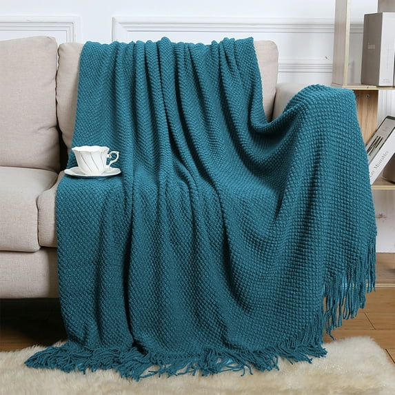 AuroraX Cozy Minimalist Tassel Throw Blanket for Couch Soft Blue Lightweight Decorative Blanket for Office Nap Washable 50"x67" Breathable Air Conditioning Throw Gift for Girls,Women