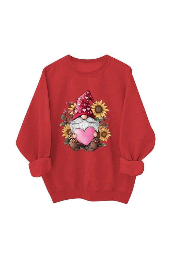 Crewneck Long Sleeve Tops for Women,Loose Fit Red Long Sleeve Gnome Graphics Sweatshirt for Women Holiday Cotton Valentines Pullover Gifts for Women