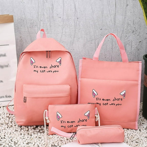 AuroraX Cute Cat Ears Pattern Backpack,tote Bag,Crossbody Bag & Pencil Case 4 Set,Waterproof,Lightweight Capacity,Solid,Pink