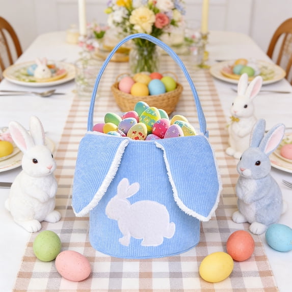 AuroraX Cute Easter Bunny Basket with Handles,Small Reusable Treat Bags Goodie Bags,Blue Easter Party Supplies Easter Decor
