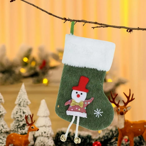 AuroraX Cute Plush Christmas Stocking with Hanging Legs Knitted Mini Christmas Stockings with Embroidered Santa Reindeer and Snowman Hanging 9" Gift Bag for Girls (Green)