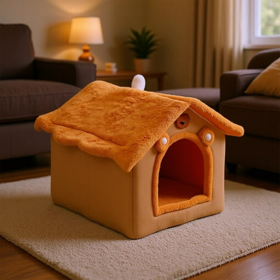 AuroraX Cute Warm Dog & Cat Bed Yellow Cozy Indoor Pet Beds for Small Dogs and Cats Pet House In Adorable Little House Shape Soft Plush Puppy Cave for Year-Round Comfort