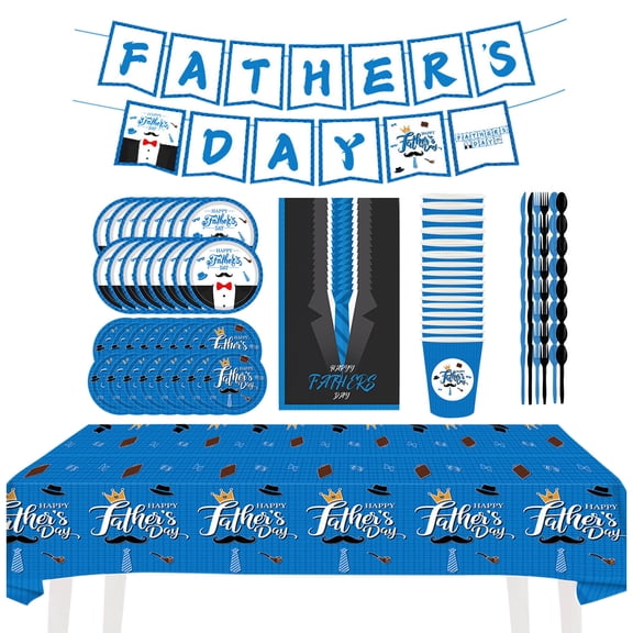 AuroraX Disposable Party Plates and Cups and Napkins Sets Blue Father's Day 114 Pack including 16 Plates（7 in）16 Plates（8.5 in）16 Cup Paper Napkins 16 Forks Spoons Knives Tablecloth Banner