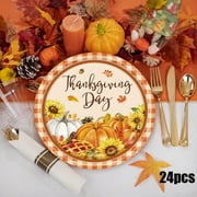 AuroraX Disposable Thanksgiving Paper Plates 9 Inch Compostable Fall Dinner Plates 24 Pcs Eco-Friendly Microwave-Safe Pumpkin Party