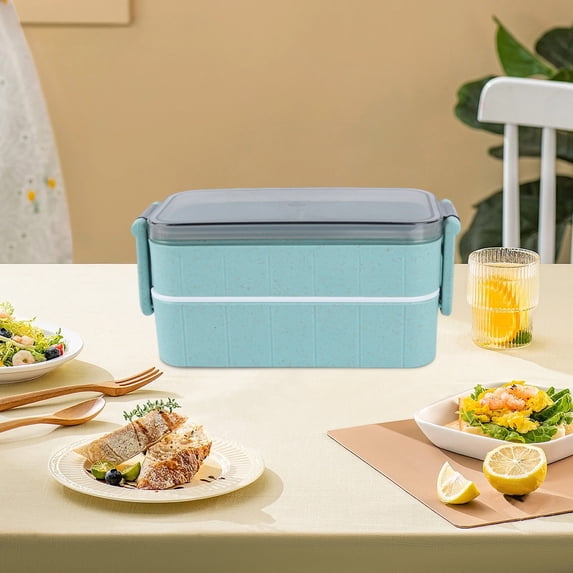 AuroraX Double-Layer Lunch Box Containers 35 oz Cute Portable Airtight Freezable Plastic Lunch Box for Men Women Blue Stackable Microwave Safe BPA-Free Food Storage Boxes for Office Travel Work