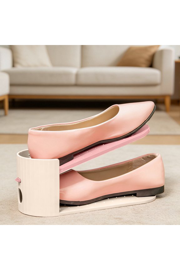 Double Layer Plastic Shoe Rack Color Blocking Shoe Organizer Space Saving Assembly Required Compact Durable 2 Tier Shoe Storage Beige