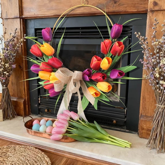 AuroraX Easter Artificial Tulip Wreath 16 Inch Realistic Spring Garland for Front Door Floral Decor for Porch, Garden and Wall
