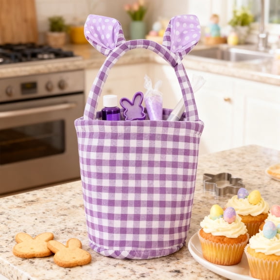AuroraX Easter Basket with Cute Bunny Ears Soft Gingham Easter Egg Hunt Bag Rabbit Tote & Gift Bucket for Boys and Girls