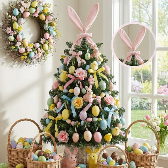 AuroraX Easter Bunny Ears Tree Topper Plush Rabbit Ears for Easter Tree Spring Decor for Party