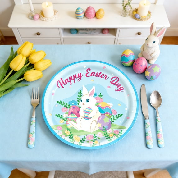 AuroraX Easter Bunny Paper Plates Cute 9 Inch Disposable Paper Plates 10 Pcs Happy Tableware for Spring Party