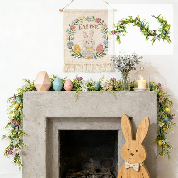 AuroraX Easter Egg & Daisy Garland with Spring Greenery 5.2 Ft Artificial Spring Vine for Fireplace Mantle Decorations for Mantle Window and Table Centerpiece