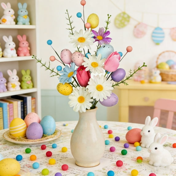 AuroraX Easter Egg Floral Picks 16 Inch Artificial Spring Flower Sprays with Plastic Eggs Decorative Vase Filler for Home Party and Diy Wreath