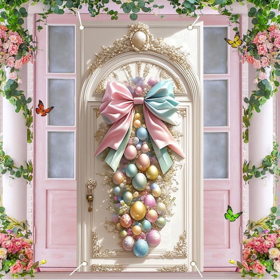 AuroraX Easter Eggs Front Door Cover Holiday Door Decals,Decorative Self-Adhesive Background Door Curtain,Home Easter Boho Decorations(71x35 in)
