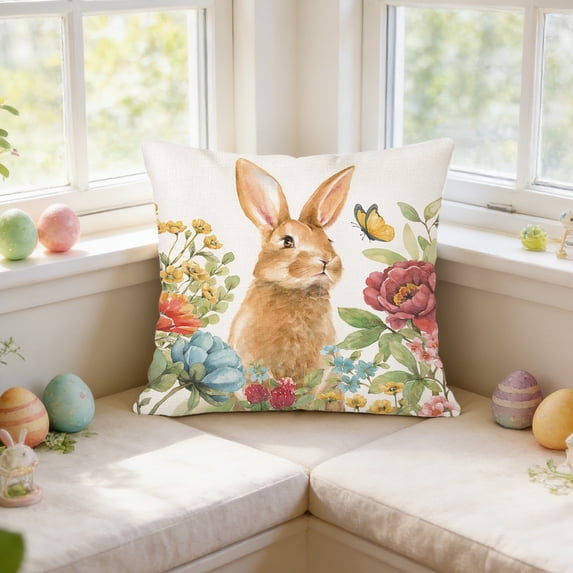 AuroraX Easter Throw Pillow Covers 18x18 Inch Farmhouse Square Outdoor Linen Bunny Rabbits Tulips Floral Decorative Pillow Covers Spring Cushion Case for Couch Sofa Bench
