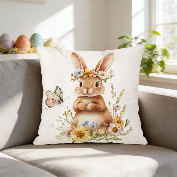 AuroraX Easter Throw Pillow Covers 18x18 Inch Linen Square Boho Spring Bunny Rabbits Tulips Floral Decorative Pillow Covers Outdoor Cushion Case for Couch Sofa Patio