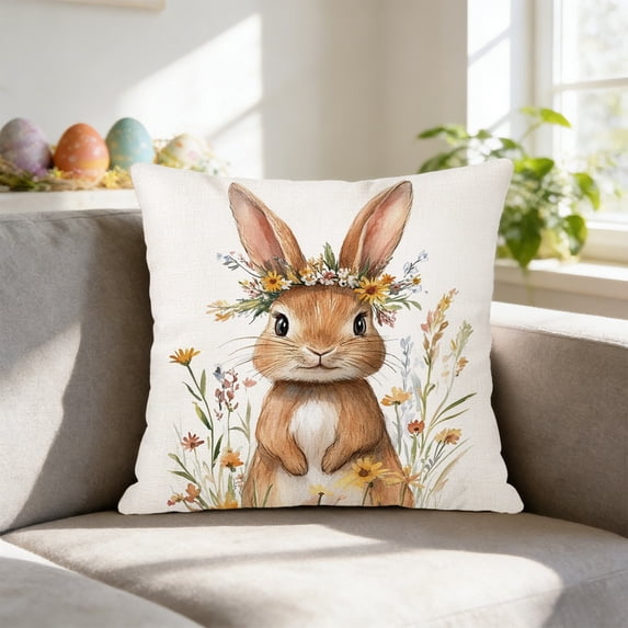 AuroraX Easter Throw Pillow Covers 18x18 Inch Spring Boho Linen Square Bunny Rabbits Tulips Floral Decorative Pillow Covers Outdoor Cushion Case for Couch Sofa Patio