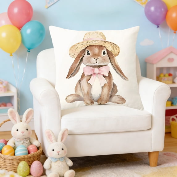 AuroraX Easter Throw Pillow Covers 18x18 Inch Square Spring Boho Bunny Rabbits Floral Decorative Pillow Covers Outdoor Cushion Case for Couch Sofa Living Room