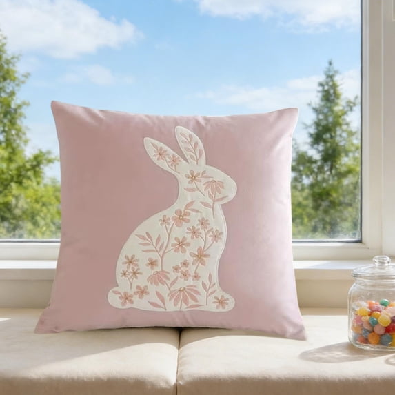 AuroraX Embroidered Easter Throw Pillow Covers 18x18 Inch Flock Velvet Outdoor Farmhouse Square Soft Bunny Rabbits Decorative Pillow Covers Spring Pink Cushion Case for Couch Sofa Living Room