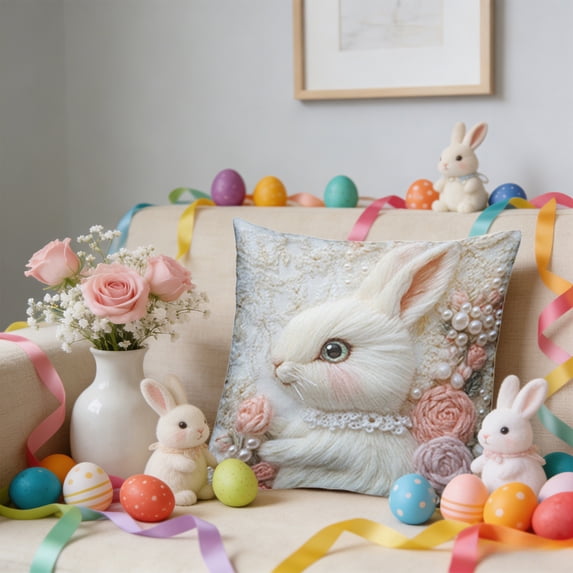 AuroraX Embroidered Easter Throw Pillow Covers 18x18 Inch Square Boho Spring Bunny Rabbits Floral Decorative Pillow Covers Outdoor Cushion Case for Couch Sofa Living Room