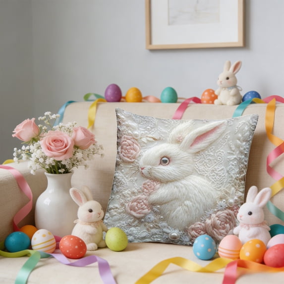 AuroraX Embroidered Easter Throw Pillow Covers 18x18 Inch Square Boho Spring Bunny Rabbits Floral Decorative Pillow Covers Outdoor Cushion Case for Couch Sofa Living Room