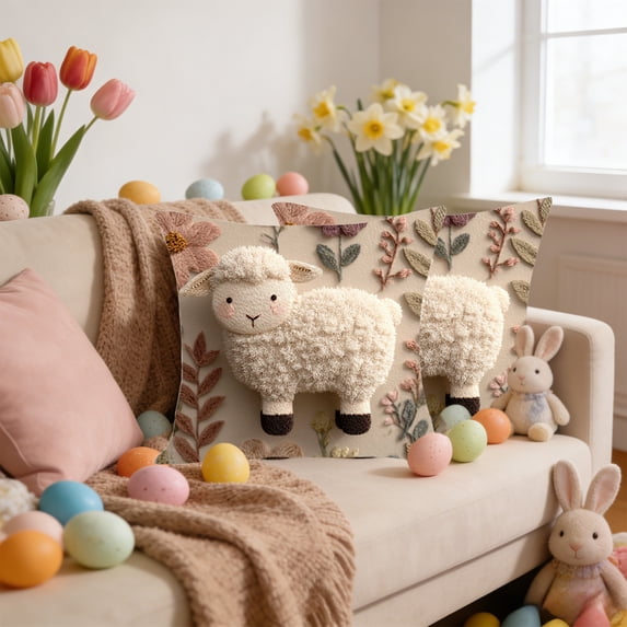 AuroraX Embroidered Easter Throw Pillow Covers 18x18 Inch Square Boho Spring Bunny Rabbits Sheep Duck Floral Decorative Pillow Covers Outdoor Cushion Case for Couch Sofa Patio